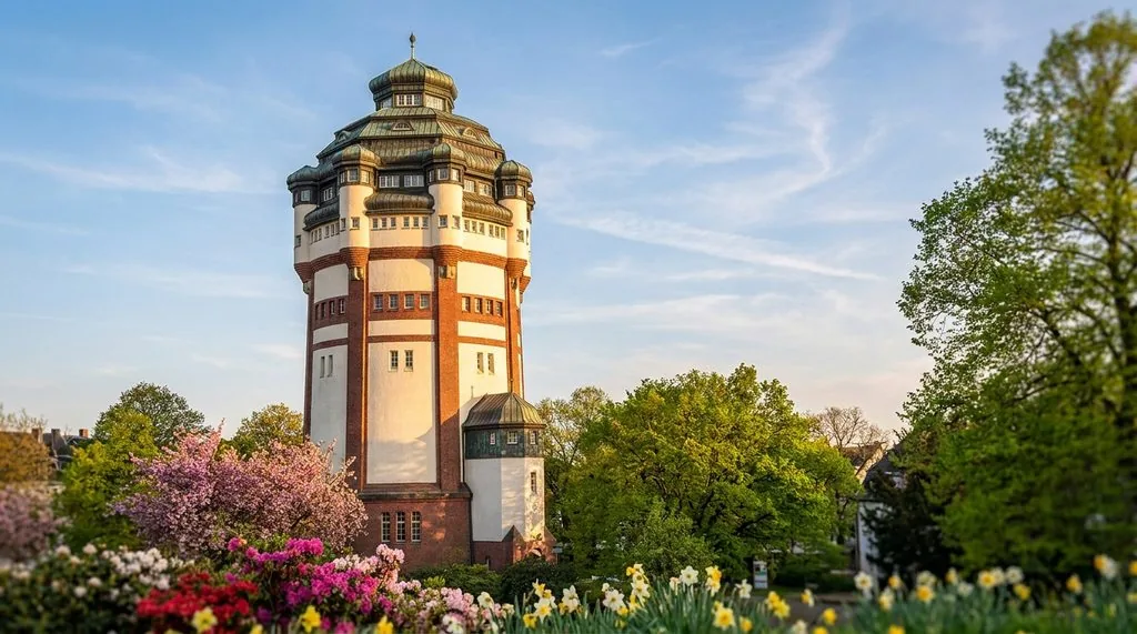 Wasserturm Mönchengladbach im Frühling, umgeben von blühenden Magnolien und Narzissen